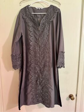 Gray Lace-Trim Long Intimate/sleepwear
